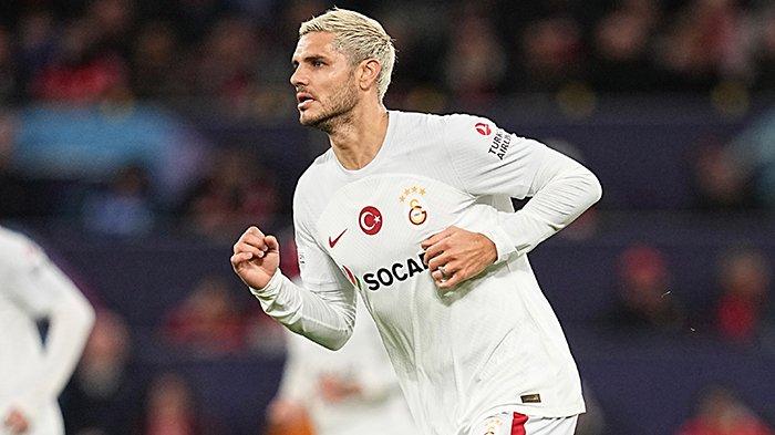 Selebrasi Mauro Icardi ketika mencetak gol pada pertandingan grup A Liga Champions antara Man United vs Galatasaray di Stadion Old Trafford, Rabu (4/10/2023).