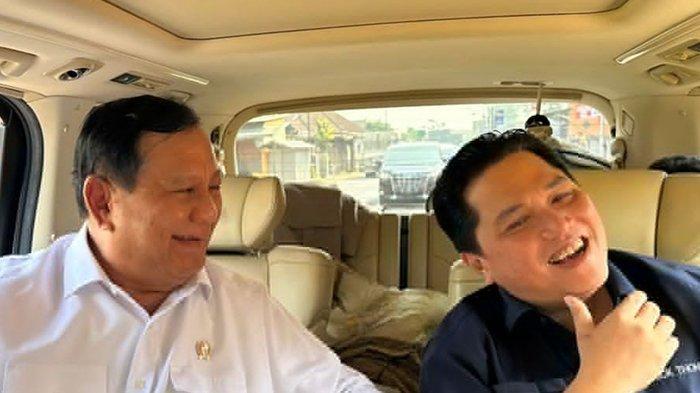 Momen Menhan Prabowo dan Menteri BUMN Erick Thohir saat tertawa di dalam mobil. Kemesraan keduanya membuat PKB gusar (Instagram/@erickthohir)