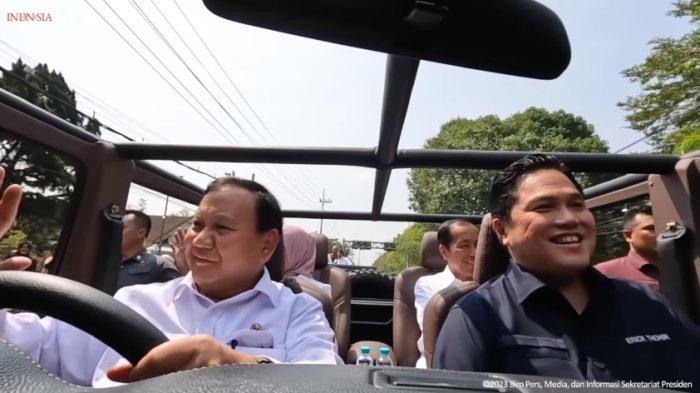 Momen Prabowo Subianto sopiri Presiden Jokowi, Erick Thohir duduk di depan mobil Maung buatan Pindad (tangkapan layar Youtube Sekretariat Presiden)