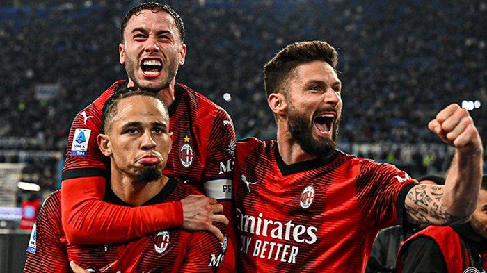 Selebrasi Noah Okafor, Davide Calabria, dan Olivier Giroud saat merayakan gol, pada pertandingan Lazio vs AC Milan di Liga Italia Serie A pekan 27, Stadion Olimpico, Sabtu (2/3/2024). (Twitter / @acmilan)