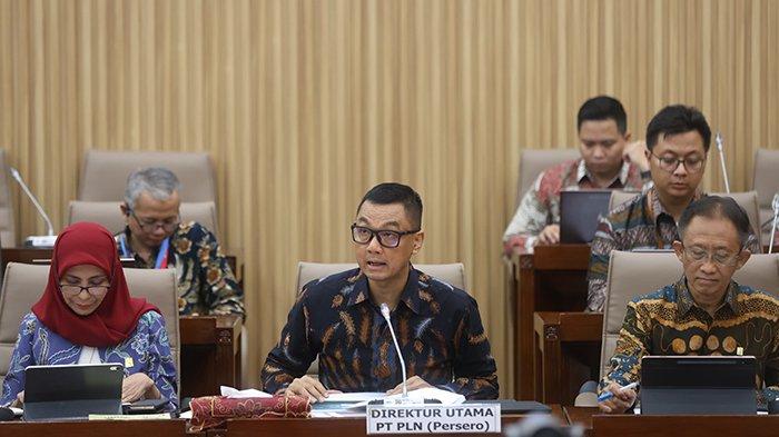 Direktur Utama PLN Darmawan Prasodjo (tengah) didampingi Direktur Keuangan PLN Sinthya Roesly (kiri) dan Direktur Distribusi PLN Adi Priyanto (kanan) saat menyampaikan paparan dalam Rapat Dengar Pendapat dengan Komisi VI DPR RI di Jakarta pada Rabu (3/4/2024).