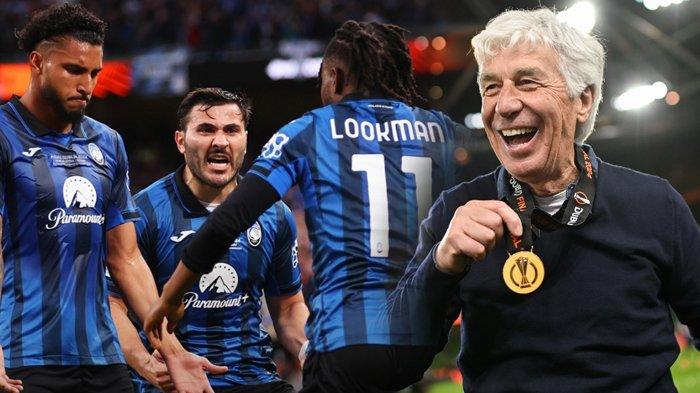 Para pemain Atalanta dan pelatih Gian Piero Gasperini merayakan gelar juara Liga Europa 2023/2024 di Stadion Aviva, Dublin, Kamis (23/5/2024).