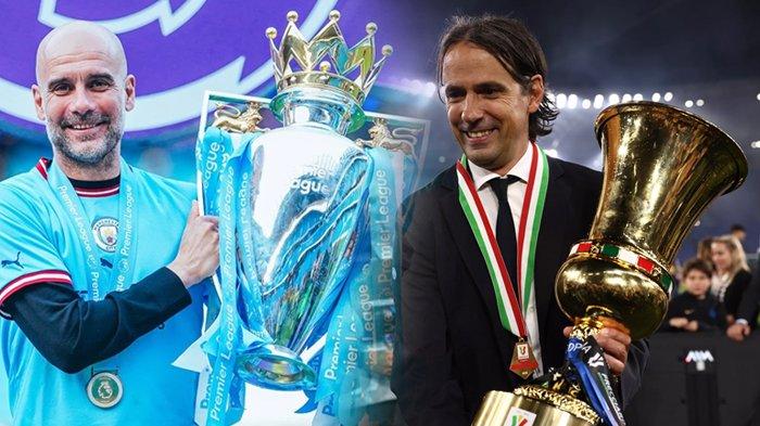 Pelatih Manchester City Pep Guardiola dan juru taktik Inter Milan, Simone Inzaghi.