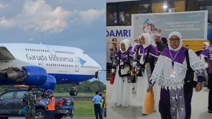 Pesawat Garuda yang ditumpangi Jemaah Calon Haji atau JCH Makassar kloter 5 terbakar di udara, Rabu (15/5/2024). (TRIBUN TIMUR)