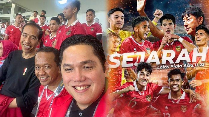 Presiden Jokowi (kiri), Menteri Investasi Bahlil Lahadalia, dan Ketua Umum PSSI, Erick Thohir ketika menyaksikan pertandingan Timnas U-23 Indonesia vs Turkmenistan pada kualifikasi Piala Asia U-23 di Stadion Manahan, Solo, Jawa Tengah, Selasa (12/9/2023). (Twitter / @erickthohir)