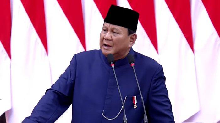 FOTO Prabowo Subianto menyampaikan pidato perdana seusai dilantik menjadi Presiden ke-8 RI di Gedung MPR RI, Kompleks Parlemen, Senayan Jakarta, Minggu (20/10/2024). (Tangkapan Layar YouTube / Sekretariat Presiden)