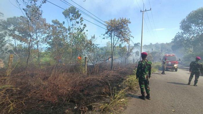 Proses pemadaman kebakaran lahan di Kelurahan Pantai Amal, Minggu (18/2/2024).