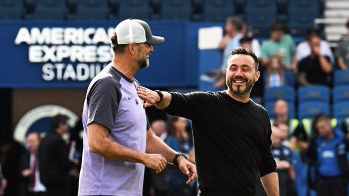 Roberto De Zerbi dan Juergen Klopp di laga Liga Inggris Brighton vs Liverpool