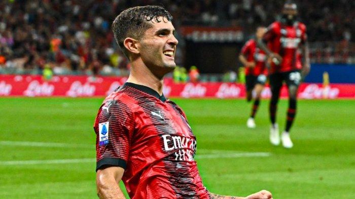 Selebrasi Christian Pulisic usai mencetak gol untuk AC Milan saat laga melawan Toirino di Liga Italia pekan kedua, Minggu (27/8/2023).