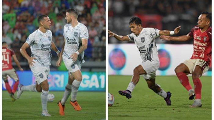 Selebrasi Felippe Cadenazzi dan Leo Lellis usai mencetak gol pertama bagi Borneo FC Samarinda. Tampak pula pemberi assist Borneo FC, Sihran Amrullah. Pesut Etam berhasil mengalahkan Bali United 2-1, pada Minggu,(12/11/2023), di Stadion Kapten I Wayan Dipta Gianyar Bali.