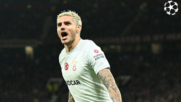 Selebrasi Mauro Icardi ketika mencetak gol pada pertandingan grup A Liga Champions antara Man United vs Galatasaray di Stadion Old Trafford, Rabu (4/10/2023).