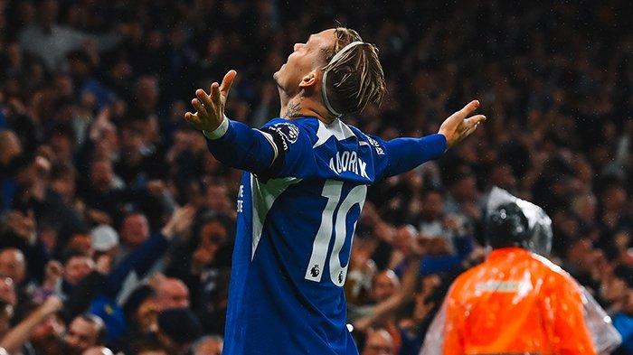 Selebrasi Mykhaylo Mudryk ketika mencetak gol pada laga Chelsea vs Arsenal pekan ke-9 Premier League, di Stadion Stamford Bridge, Minggu (22/10/2023).