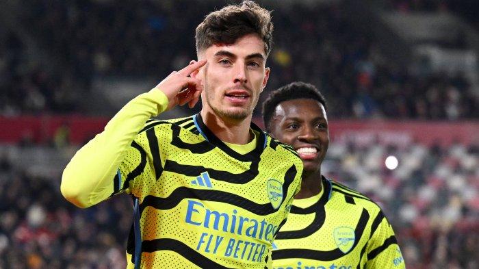 Selebrasi gelandang Arsenal Kai Havertz usai mencetak gol ke gawang Brentford di Liga Inggris, Sabtu (25/11/2023). (Twitter/@Arsenal)