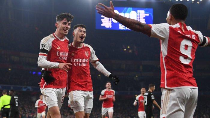 Selebrasi pemain Arsenal usai pesta gol ke gawang Lens dalam duel di Liga Champions, Kamis (30/11/2023)