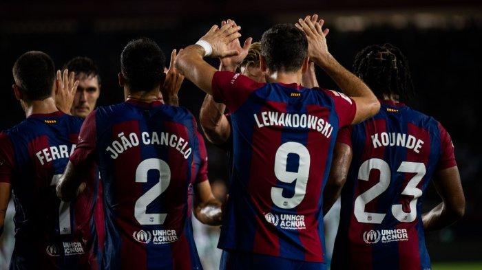 Selebrasi pemain Barcelona di Liga Spanyol melawan Real Betis, Minggu (17/9/2023). (Twitter/@FCBarcelona)
