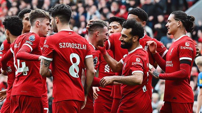 Selebrasi pemain Liverpool di Liga Inggris 2023/2024. (Twitter / @LFC)