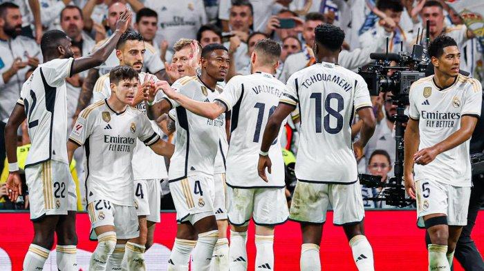 Selebrasi pemain Real Madrid atas kemenangan dari Real Sociedad di Liga Spanyol pekan ke-5, Senin (18/9/2023) dini hari WIB. (Twitter/@realmadrid)