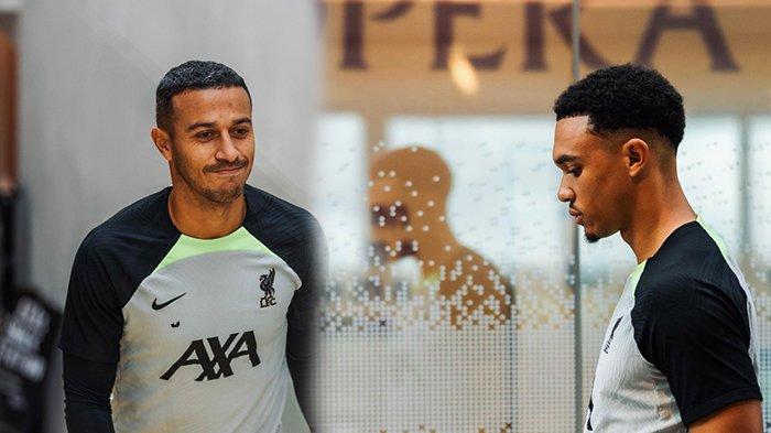 Thiago Alcantara dan Trent Alexander-Arnold berada di AXA Training Centre Kirkby namun belum ikut sesi latihan Liverpool