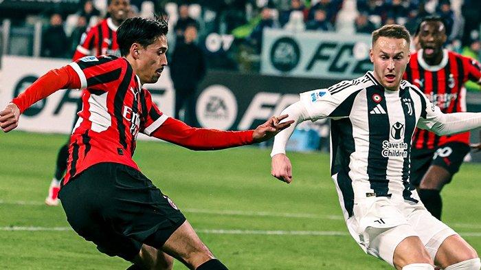 Aksi Tijjani Reijnders berupaya melewati penjagaan Teun Koopmeiners pada pertandingan Juventus vs AC Milan, giornata 21 Liga Italia Serie A, di Allianz Stadium, Minggu (19/1/2025). (Twitter/@acmilan)