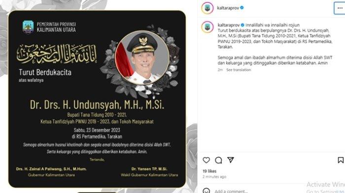 Kabar eks Bupati Tana Tidung Undunsyah meninggal dunia dipantau TribunKaltara.com lewat Instagram resmi Pemprov Kaltara siang ini.