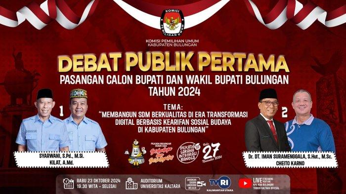 Inilah Link Live Streaming debat publik pertama Pilkada Bulungan antara pasangan Syarwani-Kilat dan Datu Iman-Ashe yang akan adu gagasan di Unikaltar.