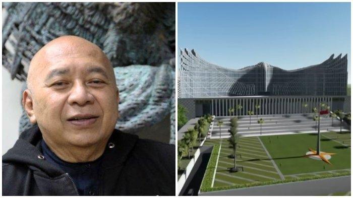 Seniman Nyoman Nuarta, pemenang sayembara desain Istana Negara di IKN baru. Kanan: Desain Istana Negara yang rampak indah dan megah.