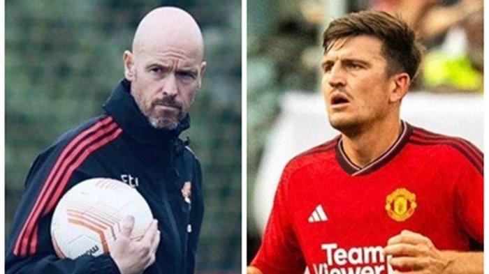Pelatih Manchester United, Erik Ten Hag saat memimpin latihan (kiri) dan eks kapten The Red Devils, Herry Maguire (kanan).
