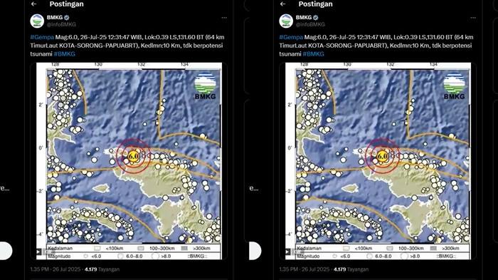 GEMPA SORONG TERKINI - Info BMKG, gempa terkini di timur laut Kota Sorong, Papua Barat Daya miliki magnitudo 6.0 tak potensi tsunami. Cek pusat gempa bumi dan kedalamannya di sini.