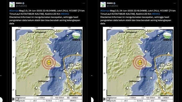 Lihat kabar terbaru dari Badan Meteorologi Klimatologi dan Geofisika atau BMKG yang merilis info gempa terkini di Kutai Timur, Provinsi Kalimantan Timur atau Kaltim malam ini pada Selasa 24 Juni 2025. Dalam rilis terbarunya, BMKG sebut gempa terkini yang guncang timur laut Kutai Timur, Kaltim miliki magnitudo 3.9.