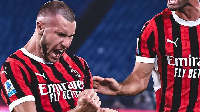 Selebrasi Strahinja Pavlovic ketika mencetak gol perdana untuk AC Milan pada laga melawan Lazio, di Liga Italia Serie A, Minggu (1/9/2024).