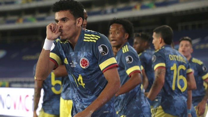 Selebrasi pemain Kolombia Luis Diaz. Gol Luis Diaz sia-sia usai Tim Samba Brasil berhasil comeback, dan mengalahkan Kolombia 2-1 di Copa America 2021 Kamis pagi.