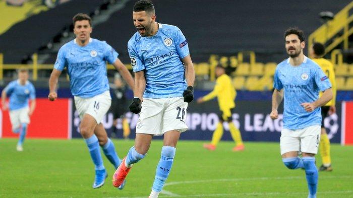 Selebrasi Riyad Mahrez seusai menjebol gawang PSG.