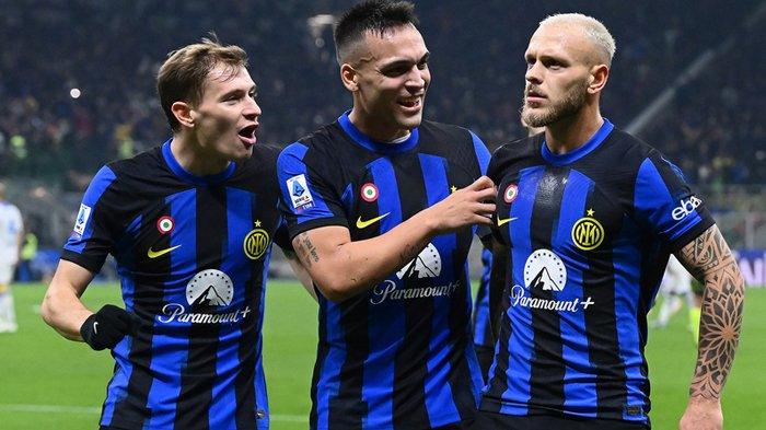 Selebasi pemain Inter Milan Nicolo Barella, Lautaro Martinez, dan Federico Dimarco.