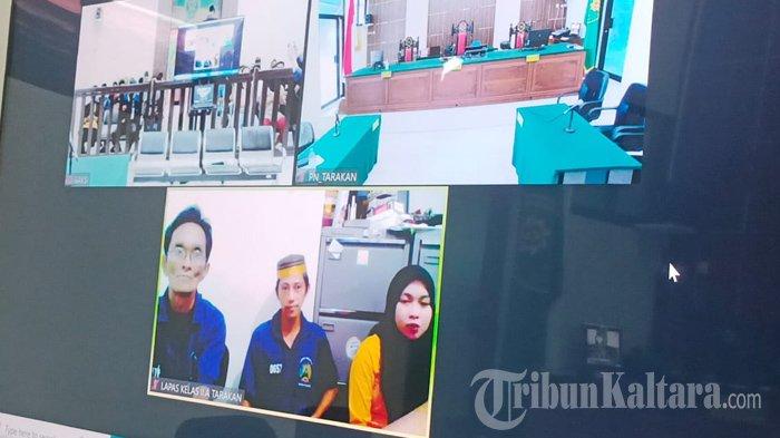 Tiga terdakwa saat hadir online dalam sidang lanjutan kasus pembunuhan Arya Gading di PN Tarakan, Kamis (20/7/2023).