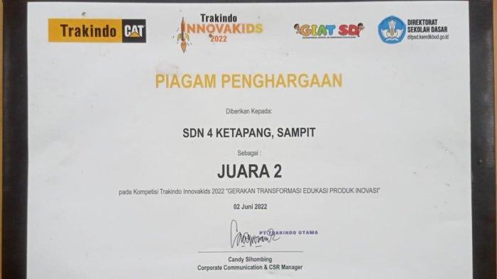 TRAKINDO Innovakids 2022 yang bertajuk 'Gerakan Transformasi Edukasi Produk Inovasi' SDN 4 Ketapang Sampit raih juara 2.