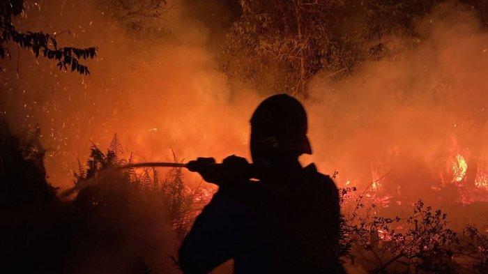 Petugas Disdamkarmat Kotim berjibaku memadamkan kebakaran lahan di  wilayah Kecamatan Mentawa Baru Ketapang, Jumat (12/08/2023) malam.