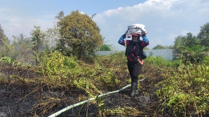 Personel BPBD Kotim, Susilawati ketika membantu mengangkut selang dalam upaya pemadaman karhutla di Jalan MT Haryono, Sampit.