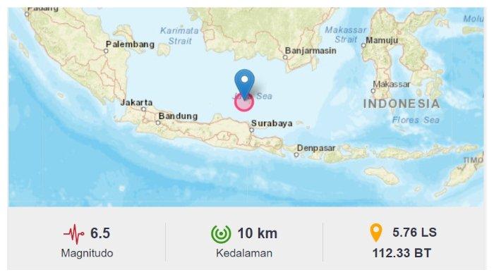 Update terkini gempa dengan magnitudo lebih besar kembali terjadi Jumat pada pukul 15.52 WIB. Pusat gempa terjadi di Timur Laut Tuban dengan magnitudo 6,5.
