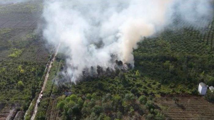 Tampak pantauan dari udara kebakaran lahan atau Karhutla di Palangkaraya yang tertangkap kamera drone milik BPBD di Kota Palangkaraya.