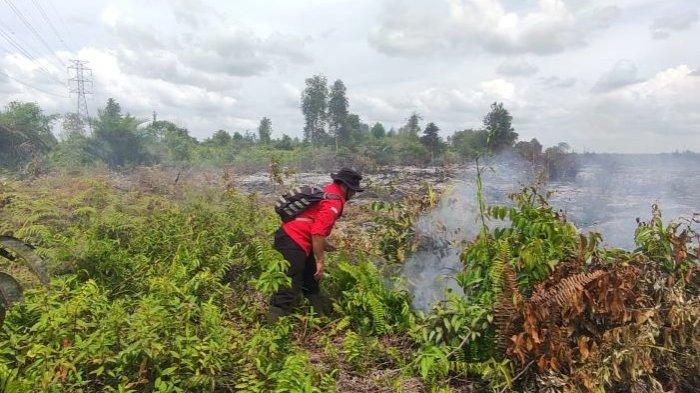 Salah seorang petugas Manggala Agni Sampit memadamkan sisa api yang membakar lahan di Kelurahan  Baamang Hulu, Kecamatan Baamang, Kabupaten Kotawaringin Timur.