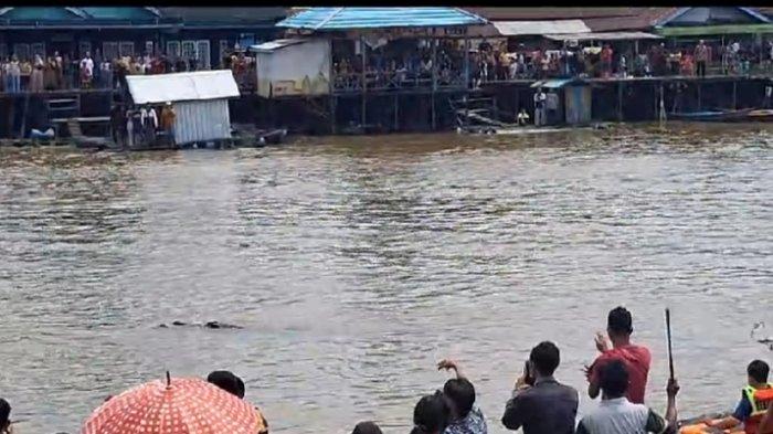 Warga saat memburu buaya Sungai Arut Mendawai Kobar yang memangsa bocah Habil. Buaya tersebut, berhasil  ditangkap warga.