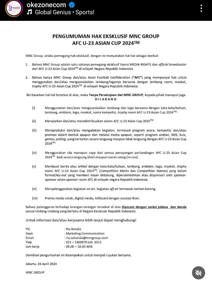 Pengumuman hak eksklusif MNC Group Jelang Timnas U23 Indonesia vs Uzbekistan