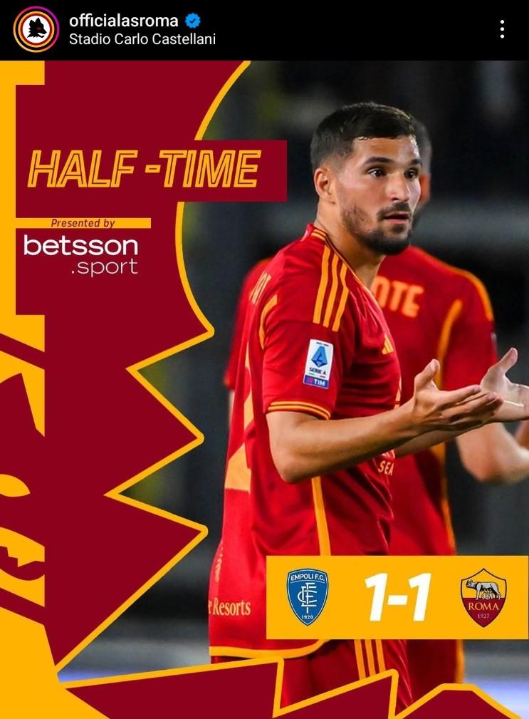 Hasil babak 1 Empoli vs AS Roma