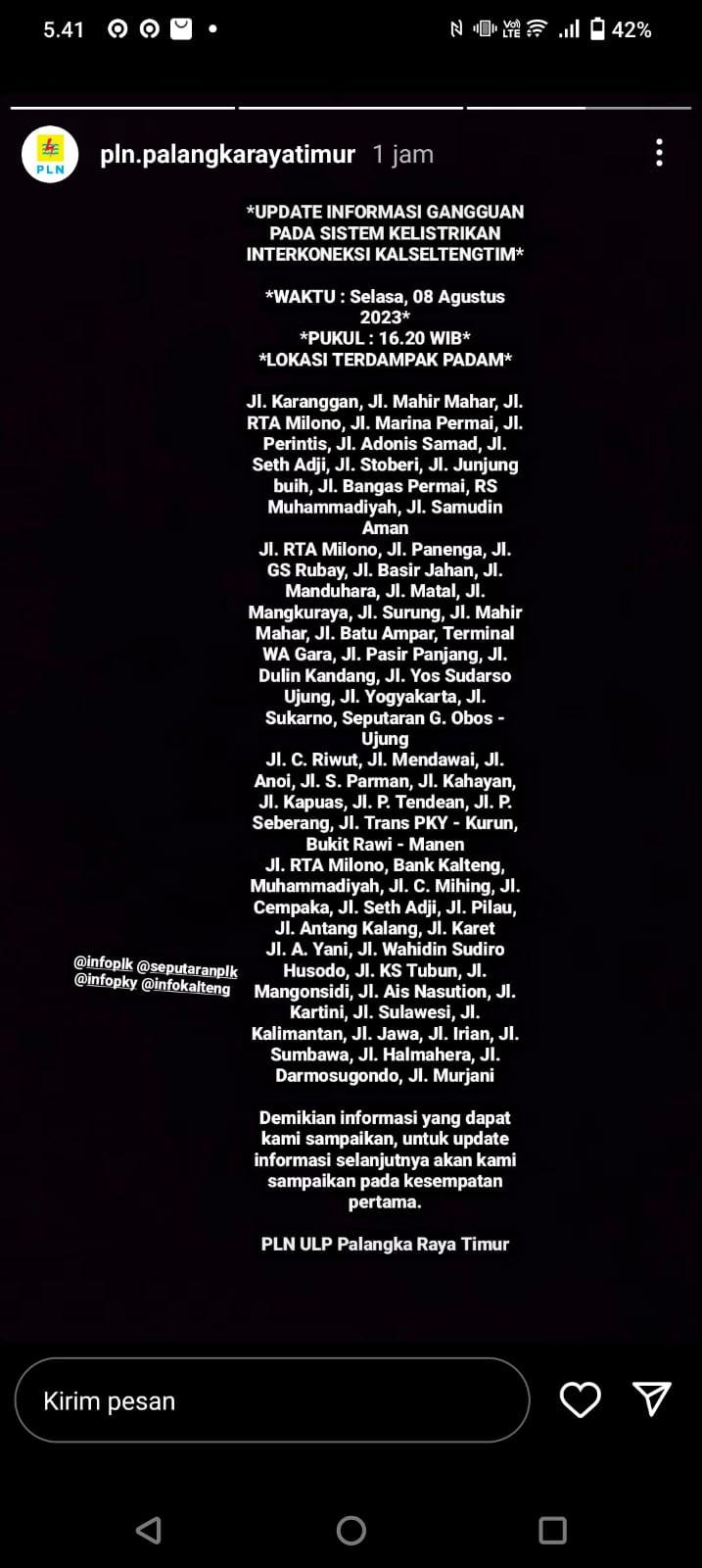 Wilayah di Palangkaraya yang terdampak pemadaman listrik, Selasa (8/8/2023).