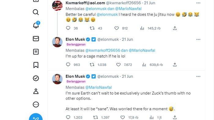 Balasan Elon Musk dengan pengguna Twitter yang menantang Mark Zuckerberg untuk bertanding.