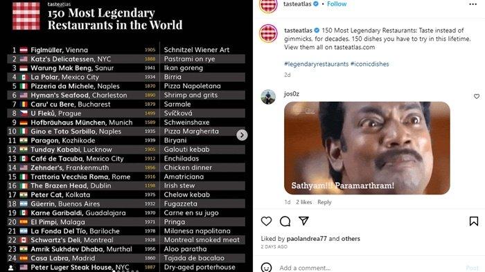 Daftar restoran legendaris yang dirilis TasteAtlas melalui akun resminya di Instagram.
