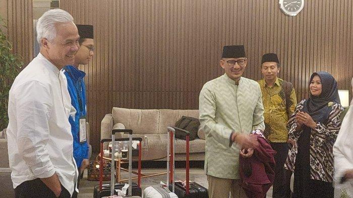 Pertemuan Ganjar Pranowo dengan Sandiaga Uno di ruang tunggu Bandara KAIA Jeddah, Sabtu (30/6/2023). | Ketua DPP PDIP, Nusyirwan Soedjono buka suara soal peluang Sandiaga Uno menjadi Cawapres setelah menyebut Ganjar Pranowo sebagai The Next President di depan pejabat Arab Saudi.