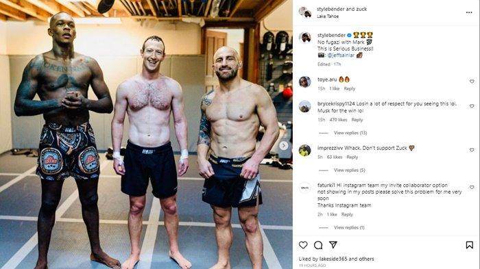 Unggahan Mark Zuckerberg yang menampilkan dirinya diapit dua juara UFC Israel Adesanya dan Alex Volkanovski.