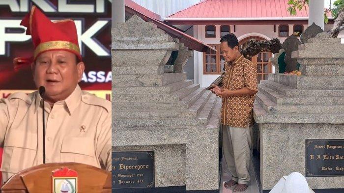 Kiri: Prabowo Subianto di Rakernas XVI APEKSI. Kanan: Cucu Generasi Kelima Pangeran Diponegoro, Raden Hamzah Diponegoro saat memanjatkan doa kepada Pangeran Diponegoro, Jumat (14/7/2023). Usulan Prabowo untuk memindahkan makam Pangeran Diponegoro ditolak pihak keluarga dan juga Sri Sultan Hamengku Buwono X.