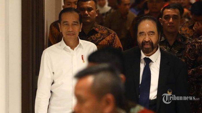 Presiden Joko Widodo didampingi Ketua Umum Partai NasDem Surya Paloh usai menghadiri Perayaan Ulang Tahun ke-8 Partai NasDem di JIExpo, Jakarta, Senin (11/11/2019). Pilpres 2024 bukan hanya jadi ajang kompetisi Capres dan Cawapres 2024, tapi juga arena pertarungan 3 sosok King Maker.